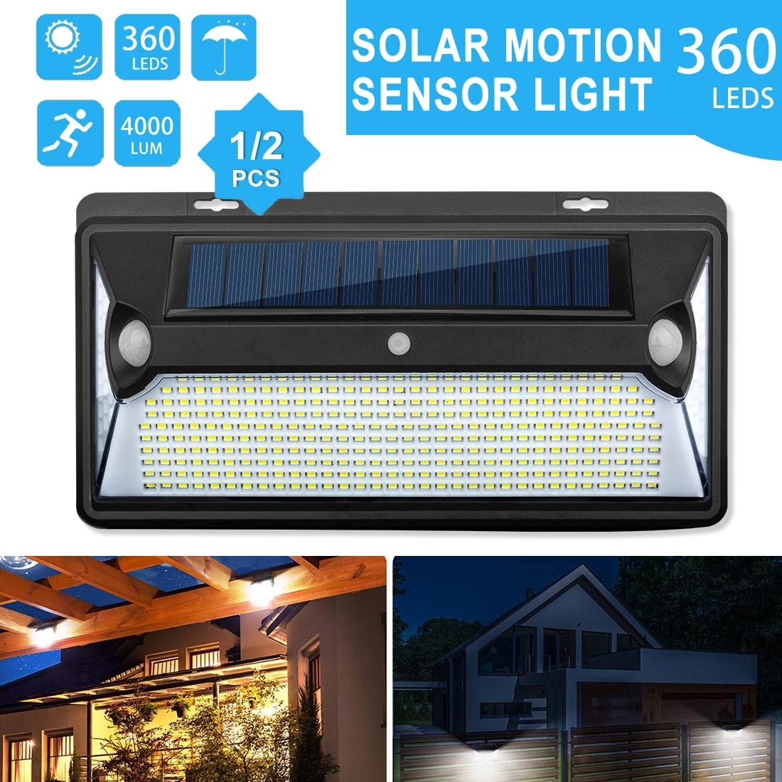 360 LED 태양 모션 센서 거리 조명 3 조명 모드 야외 방수 보안 빛 무선 벽 램프 통로